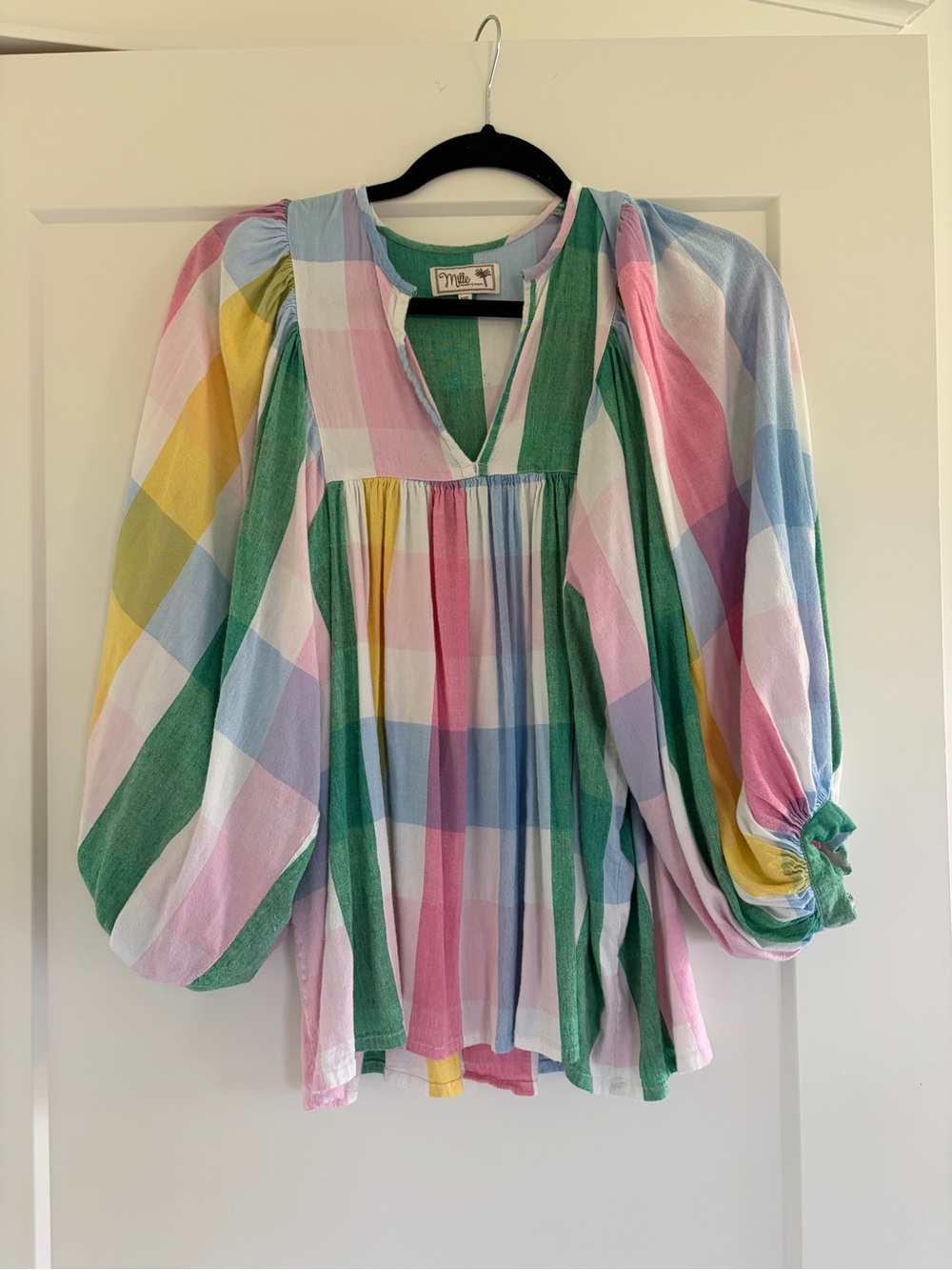 Misa Los Angeles Pastel Multi‑Color Plaid Peasant Blouse